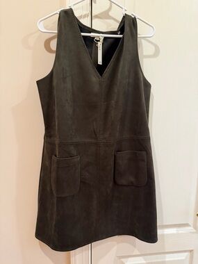 Max Studio Olive Green Suede V-Neck Pinafore Dress